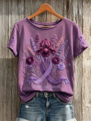 Women's Classy Purple Ribbon Awareness Floral Print Short-sleeved T-shirt
