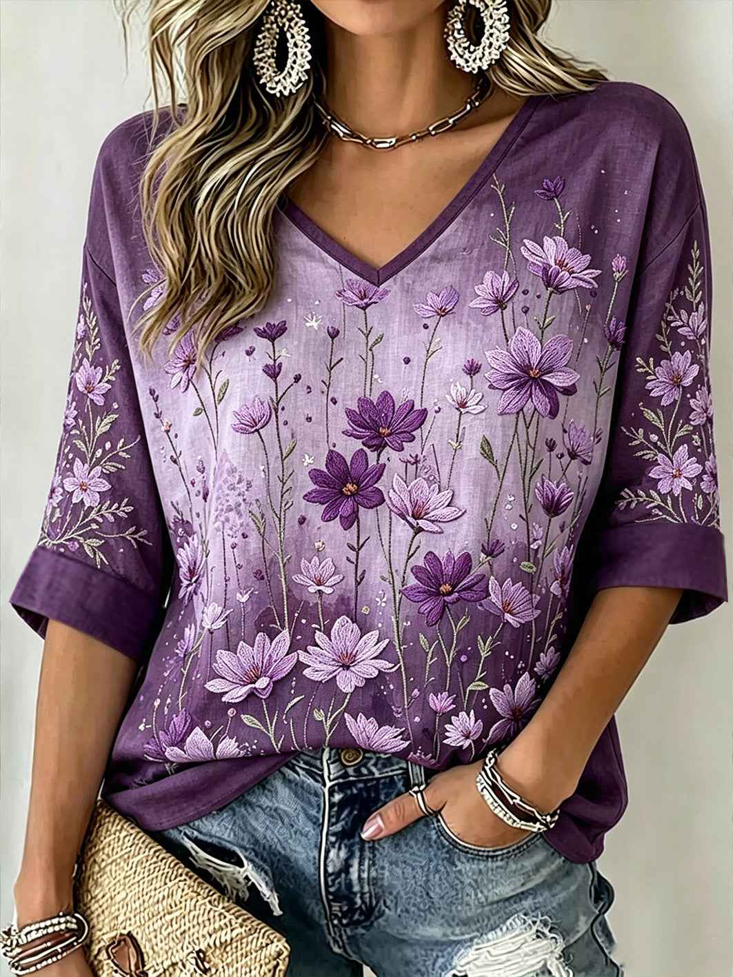 Women's Purple Flowers Pattern Printed Mid-length Sleeves V-Neck T-Shirt