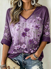 Women's Purple Flowers Pattern Printed Mid-length Sleeves V-Neck T-Shirt