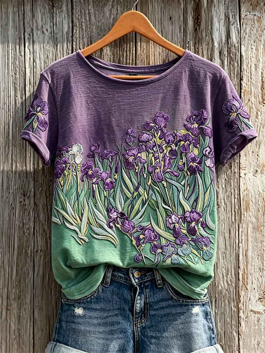 Women's Purple Irises Contrast Color Art Print short-sleeved T-shirt