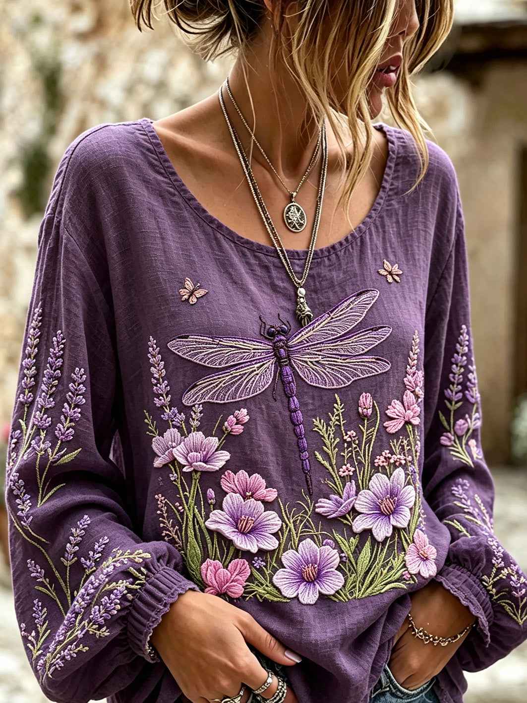 Women's Purple Flowers Pattern Printed Cotton-Linen Shirt