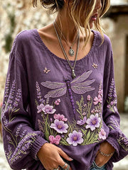 Women's Purple Flowers Pattern Printed Cotton-Linen Shirt