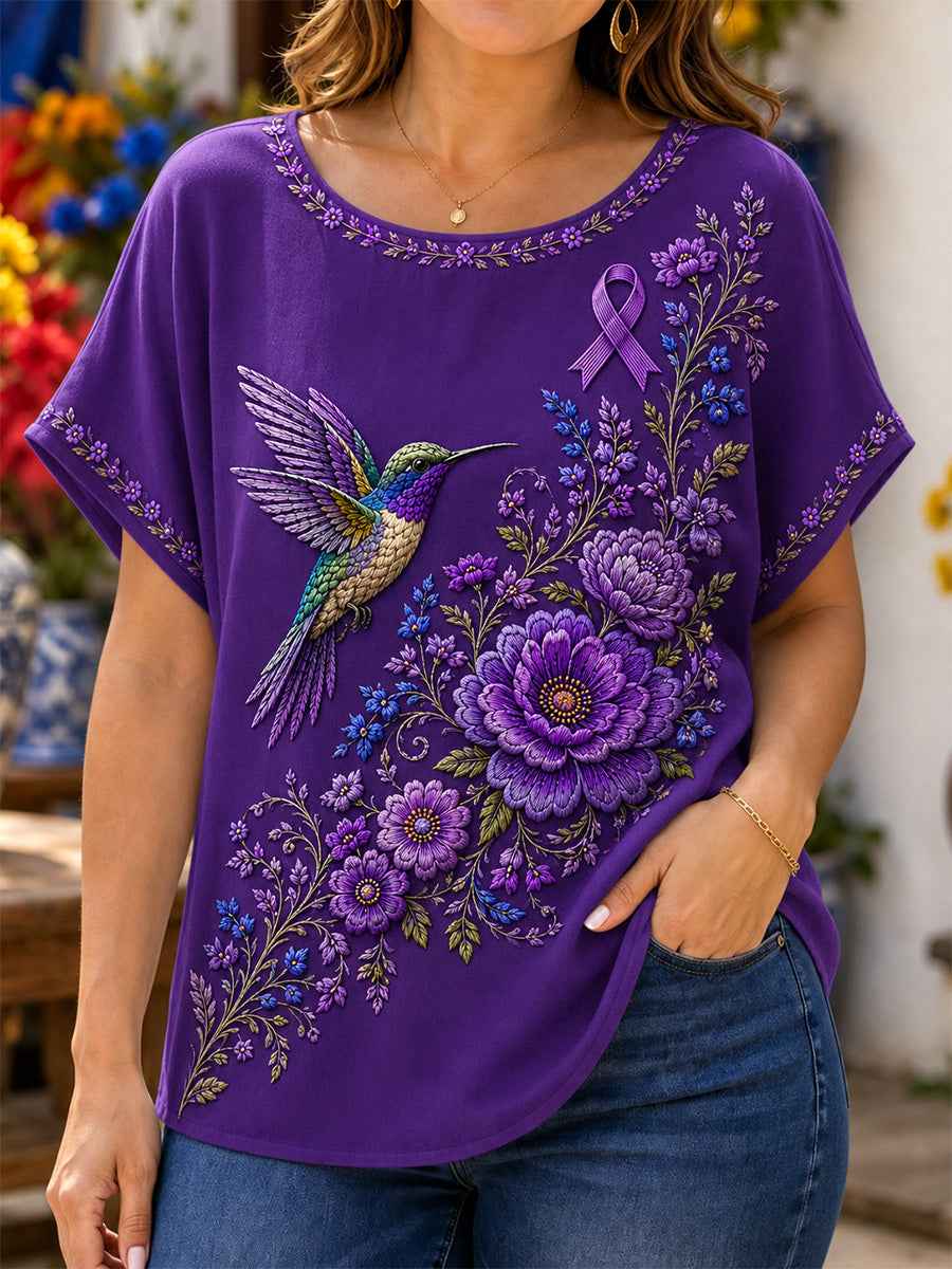 Women's Purple Floral & Hummingbird Print Alzheimer's Awareness Support Tee