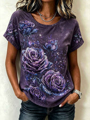 Women's purple flowers pattern printed short-sleeved T-shirt
