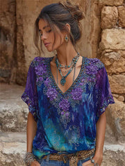 Women's Classy Purple Floral Print Gradient linen short-sleeved T-shirt