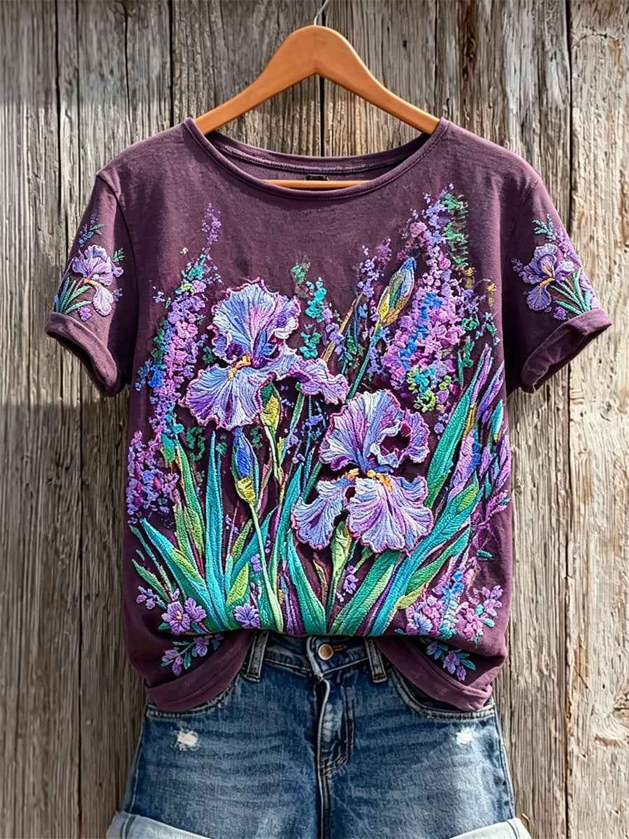 Women's Purple Irises Floral Art Print short-sleeved T-shirt