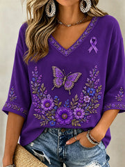 Women's Purple Floral & Butterfly Print Alzheimer's Awareness Support V-Neck Tee gracestitchs