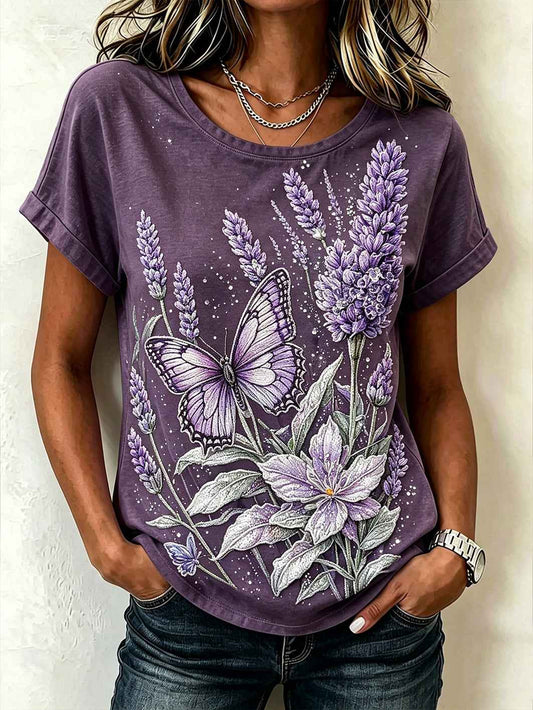 Women's purple flowers pattern printed short-sleeved T-shirt