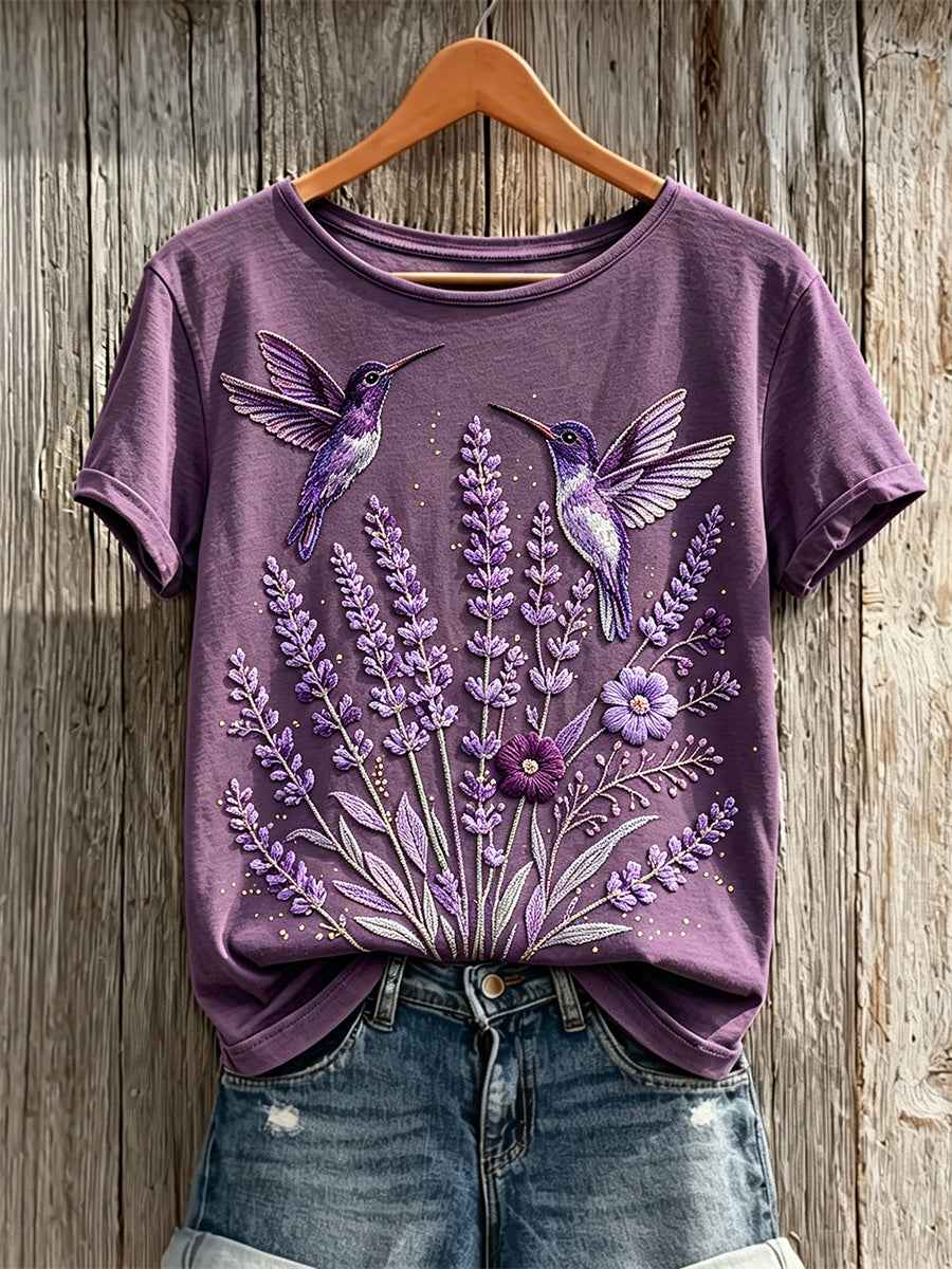 Women's Classy Purple Floral Hummingbird Print Short-sleeved T-shirt