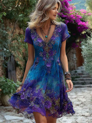 Women's Classy Purple Floral Print Gradient Flowy Short Sleeve Mini Dress