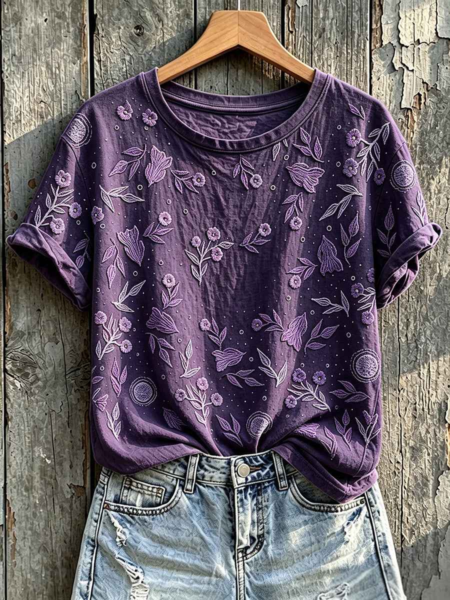 Women's Classy Purple Awareness Floral Print Short-sleeved T-shirt