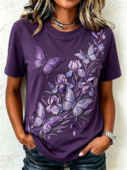 Women's Iris Flower Butterfly Purple Ribbon Print Short-sleeved T-shirt