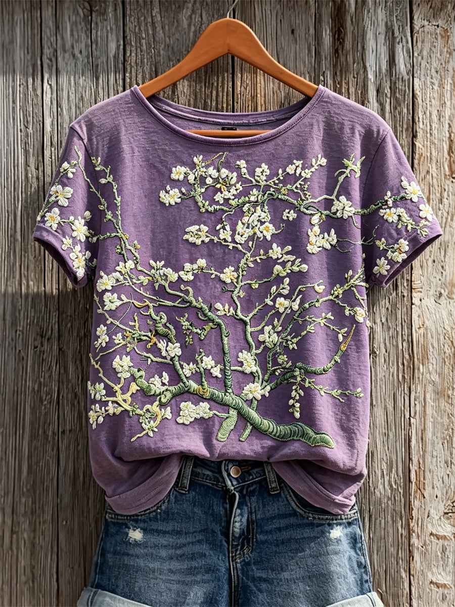 Women's Almond Blossom Purple Sky Art Print short-sleeved T-shirt
