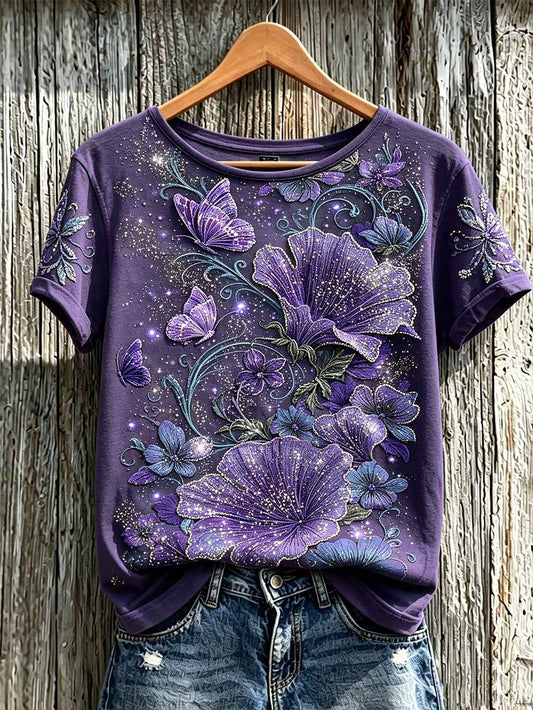Women's purple flowers pattern printed short-sleeved T-shirt