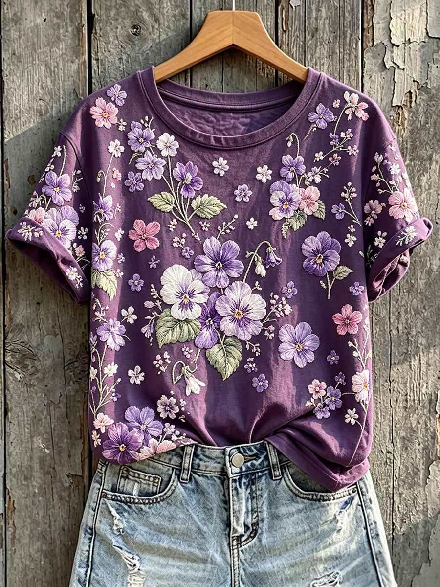 Women's Classy Purple Awareness Floral Print Short-sleeved T-shirt