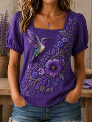 Women's Purple Floral & Hummingbird Print Alzheimer's Awareness Support Shirt