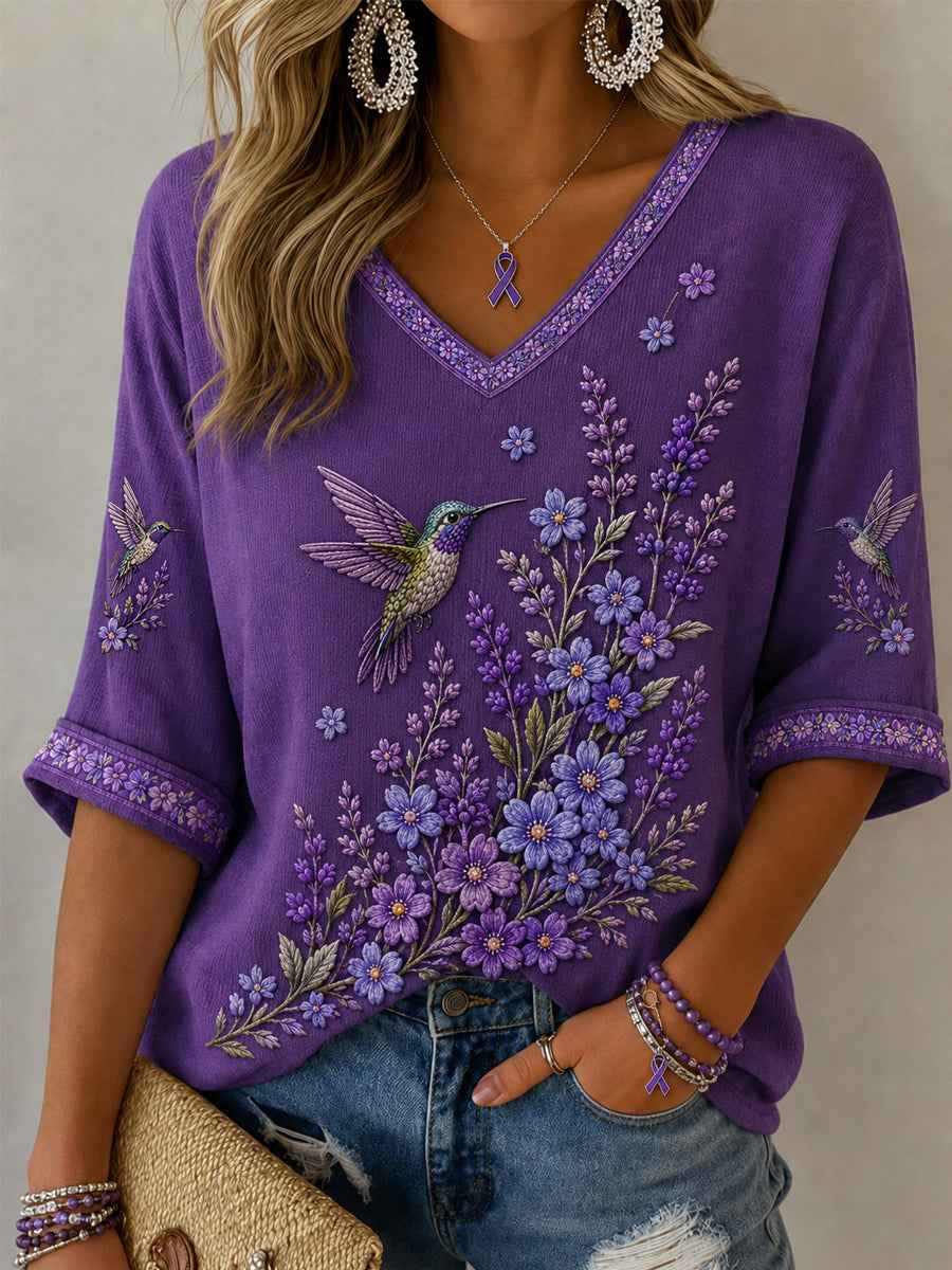 Women's Purple Floral & Hummingbird Print Alzheimer's Awareness Support Half-Sleeves V-Neck T-Shirt