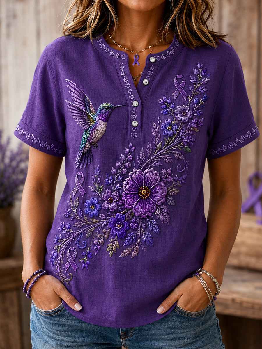 Women's Purple Floral & Hummingbird Print Alzheimer's Awareness Support Button Shirt