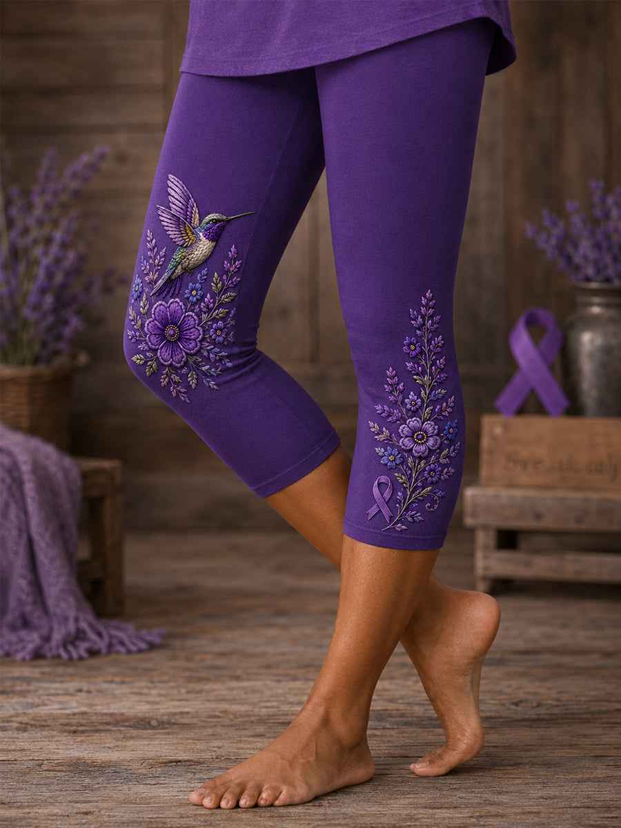 Women's Purple Floral & Hummingbird Print Alzheimer's Awareness Support Crop Leggings