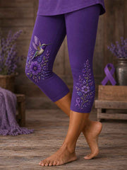 Women's Purple Floral & Hummingbird Print Alzheimer's Awareness Support Crop Leggings