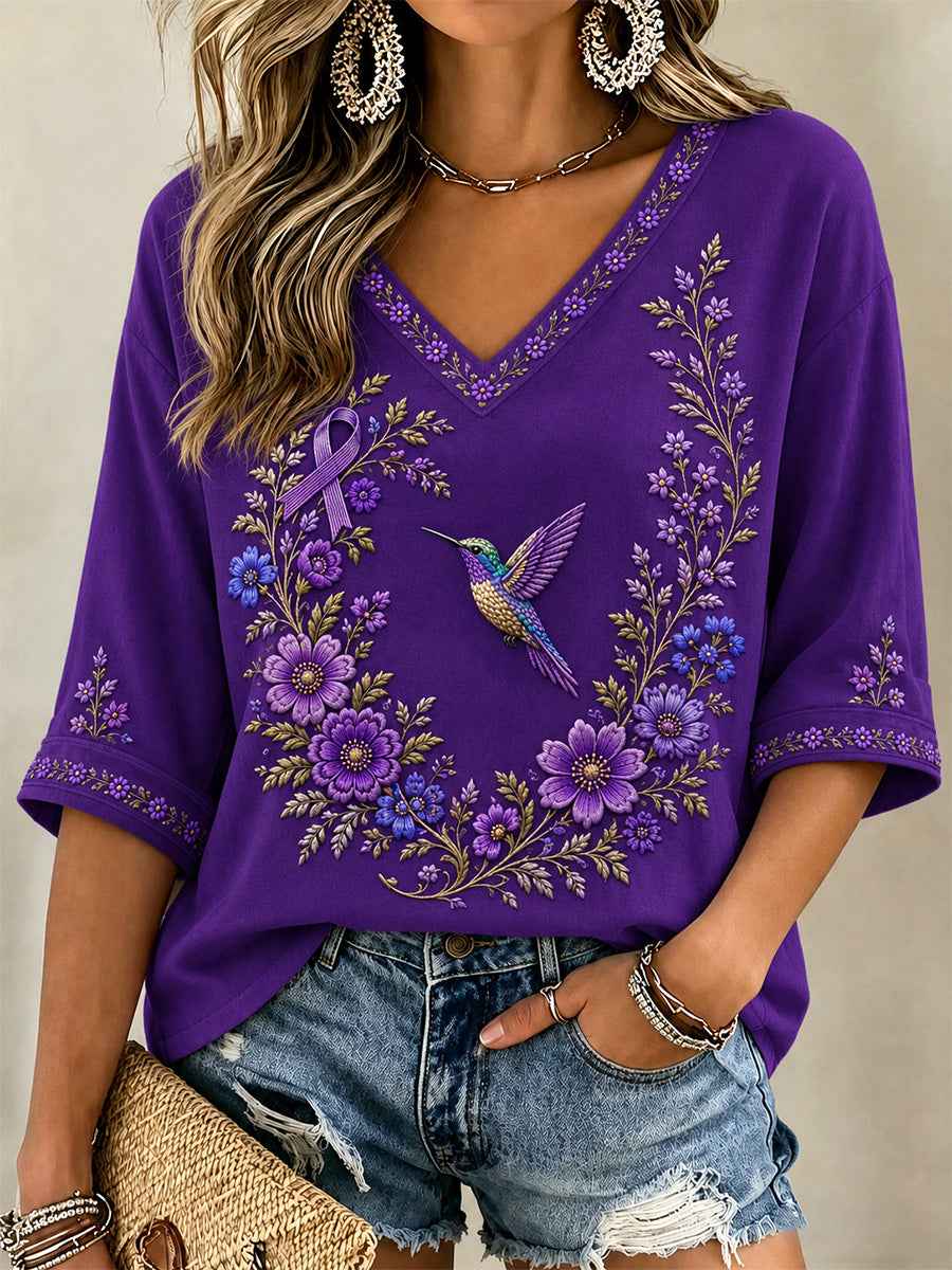 Women's Purple Floral & Hummingbird Print Alzheimer's Awareness Support V-Neck Tee