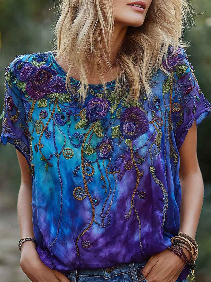 Women's Classy Purple Roses Vines Print Gradient linen short-sleeved T-shirt