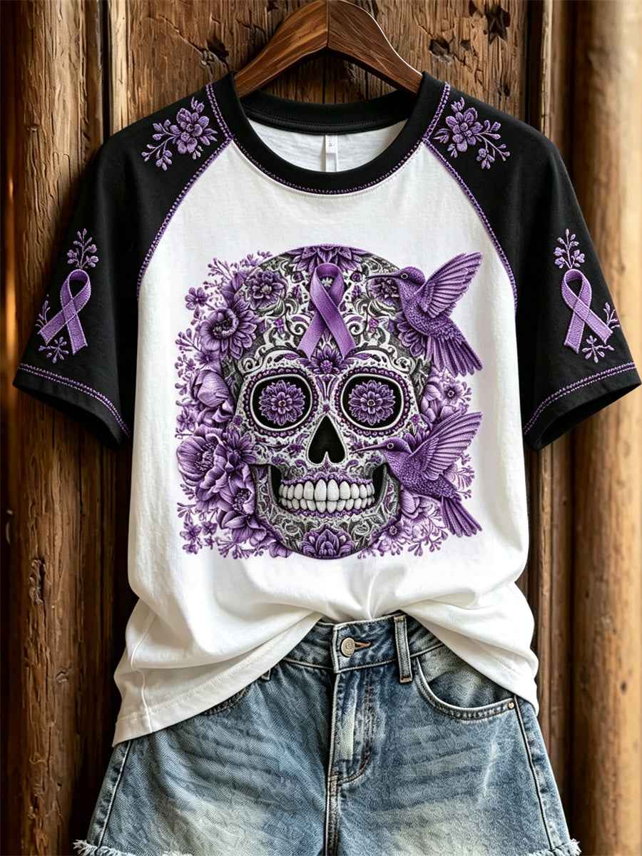 Women's Alzheimer Awareness Sugar Skull Floral Print Contrast Raglan short sleeve T-shirt