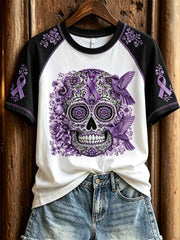 Women's Alzheimer Awareness Sugar Skull Floral Print Contrast Raglan short sleeve T-shirt