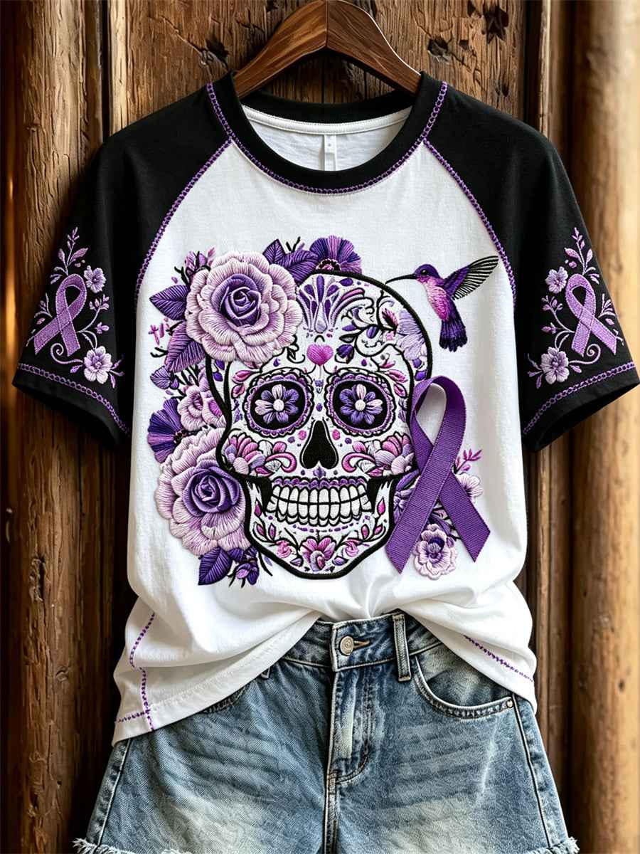 Women's Alzheimer Awareness Sugar Skull Floral Print Contrast Raglan short sleeve T-shirt