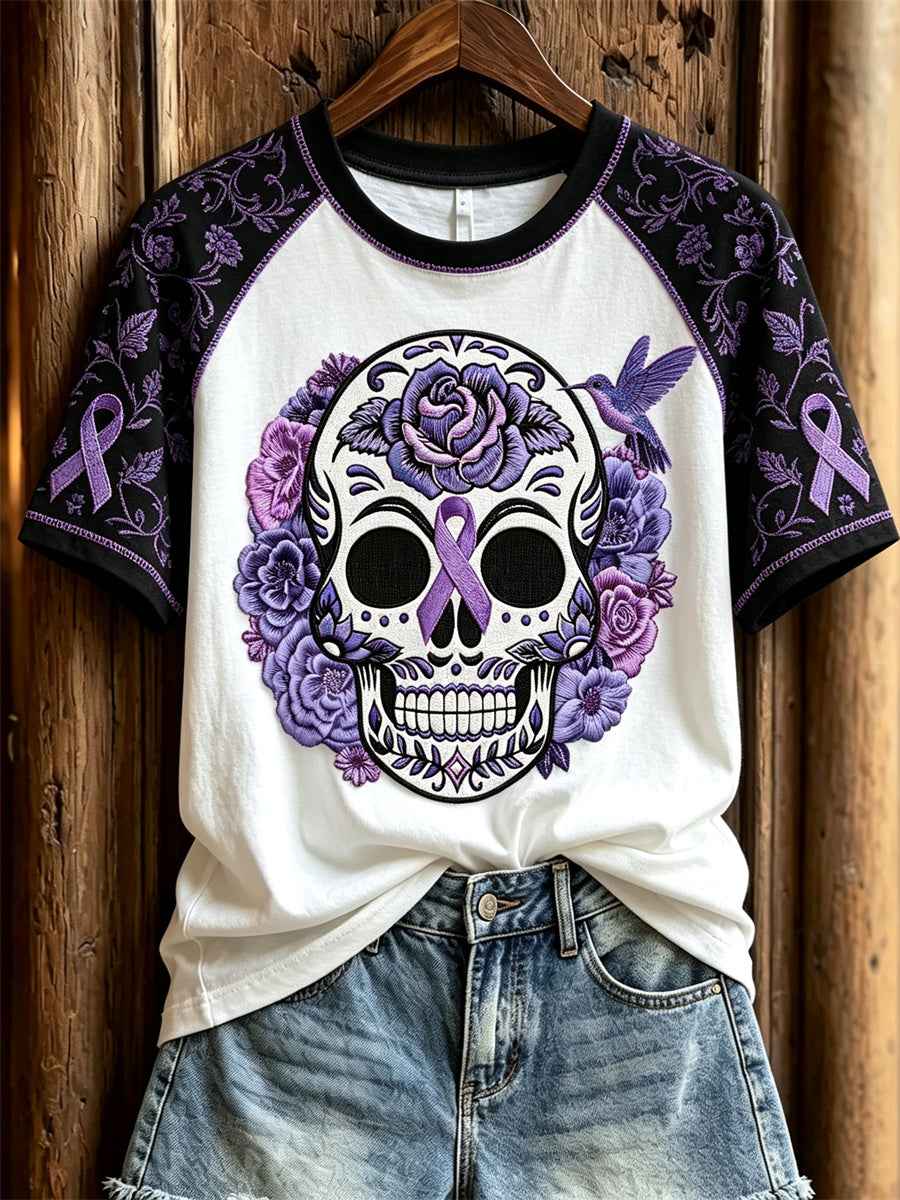 Women's Alzheimer Awareness Sugar Skull Floral Print Contrast Raglan short sleeve T-shirt