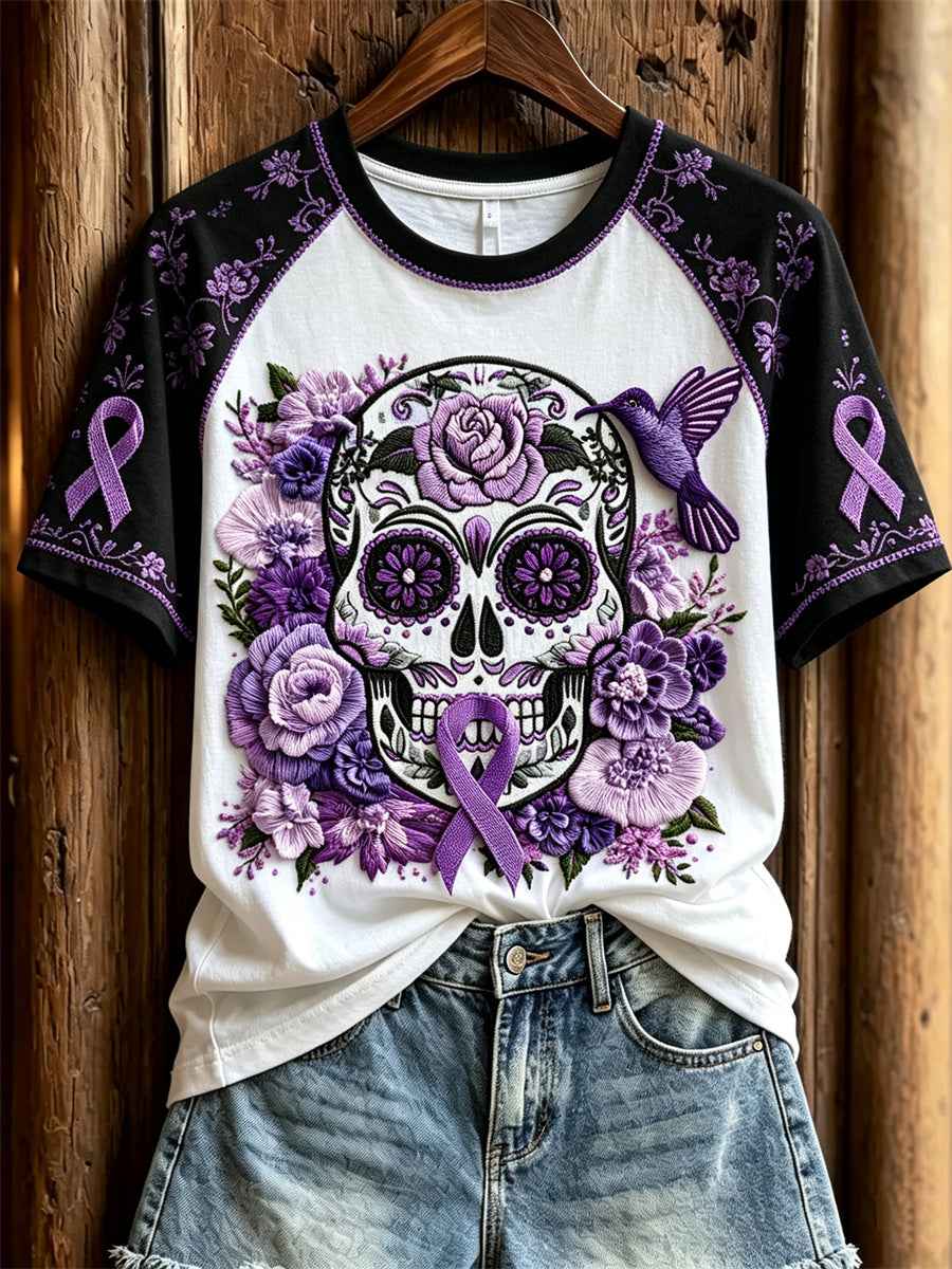 Women's Alzheimer Awareness Sugar Skull Floral Print Contrast Raglan short sleeve T-shirt