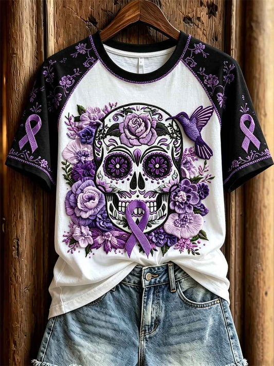 Women's Alzheimer Awareness Sugar Skull Floral Print Contrast Raglan short sleeve T-shirt