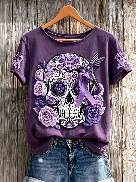 Women's Alzheimer Awareness Sugar Skull Floral Print short-sleeved T-shirt