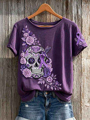 Women's Alzheimer Awareness Sugar Skull Floral Print short-sleeved T-shirt