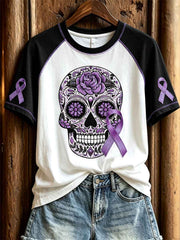 Women's Alzheimer Awareness Sugar Skull Floral Print Contrast Raglan short sleeve T-shirt