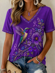 Women's Purple Floral & Hummingbird Print Alzheimer's Awareness Support V-Neck Tee gracestitchs