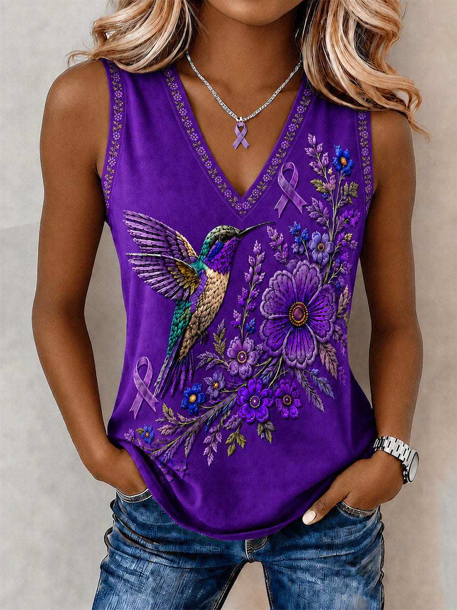 Women's Purple Floral & Hummingbird Print Alzheimer's Awareness Support V-Neck Vest gracestitchs