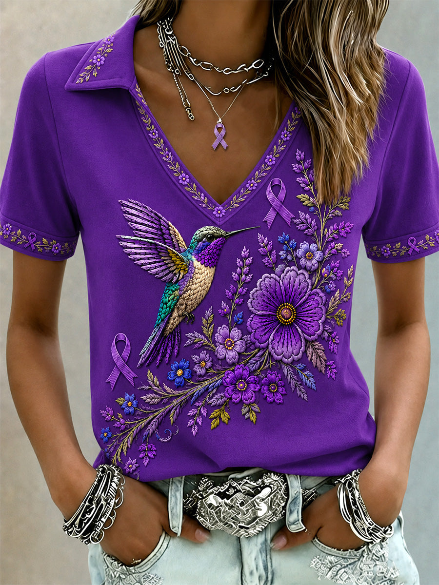 Women's Purple Floral & Hummingbird Print Alzheimer's Awareness Support V-Neck Top gracestitchs