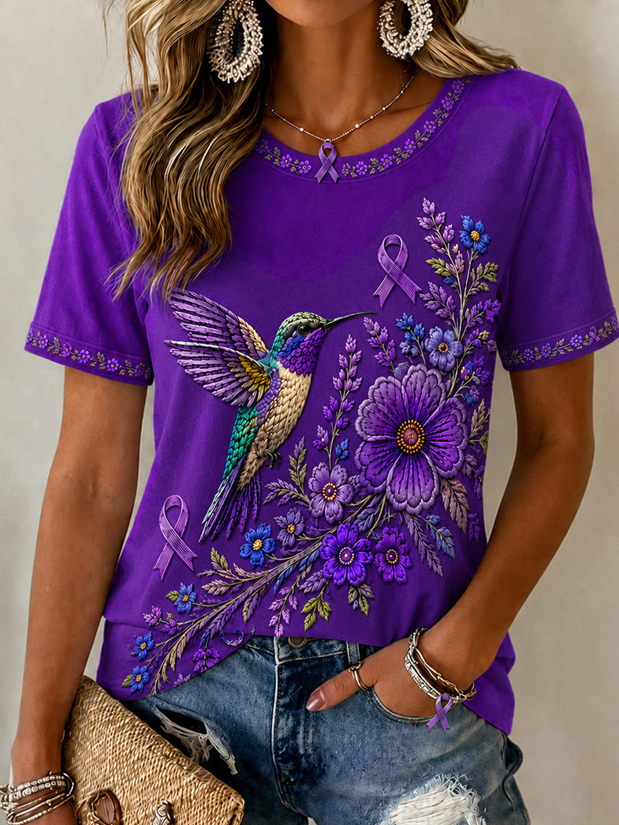 Women's Purple Floral & Hummingbird Print Alzheimer's Awareness Support Tee gracestitchs