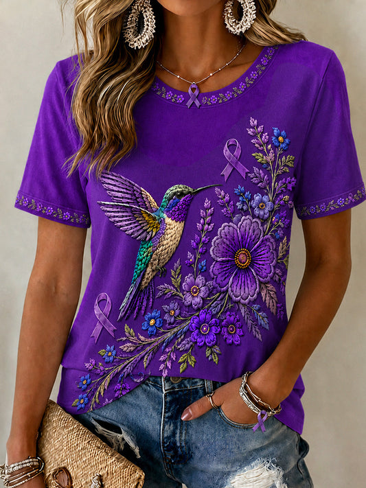 Women's Purple Floral & Hummingbird Print Alzheimer's Awareness Support Tee gracestitchs