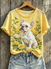 Women's Floral French Bulldog Art Print Short-sleeved T-shirt