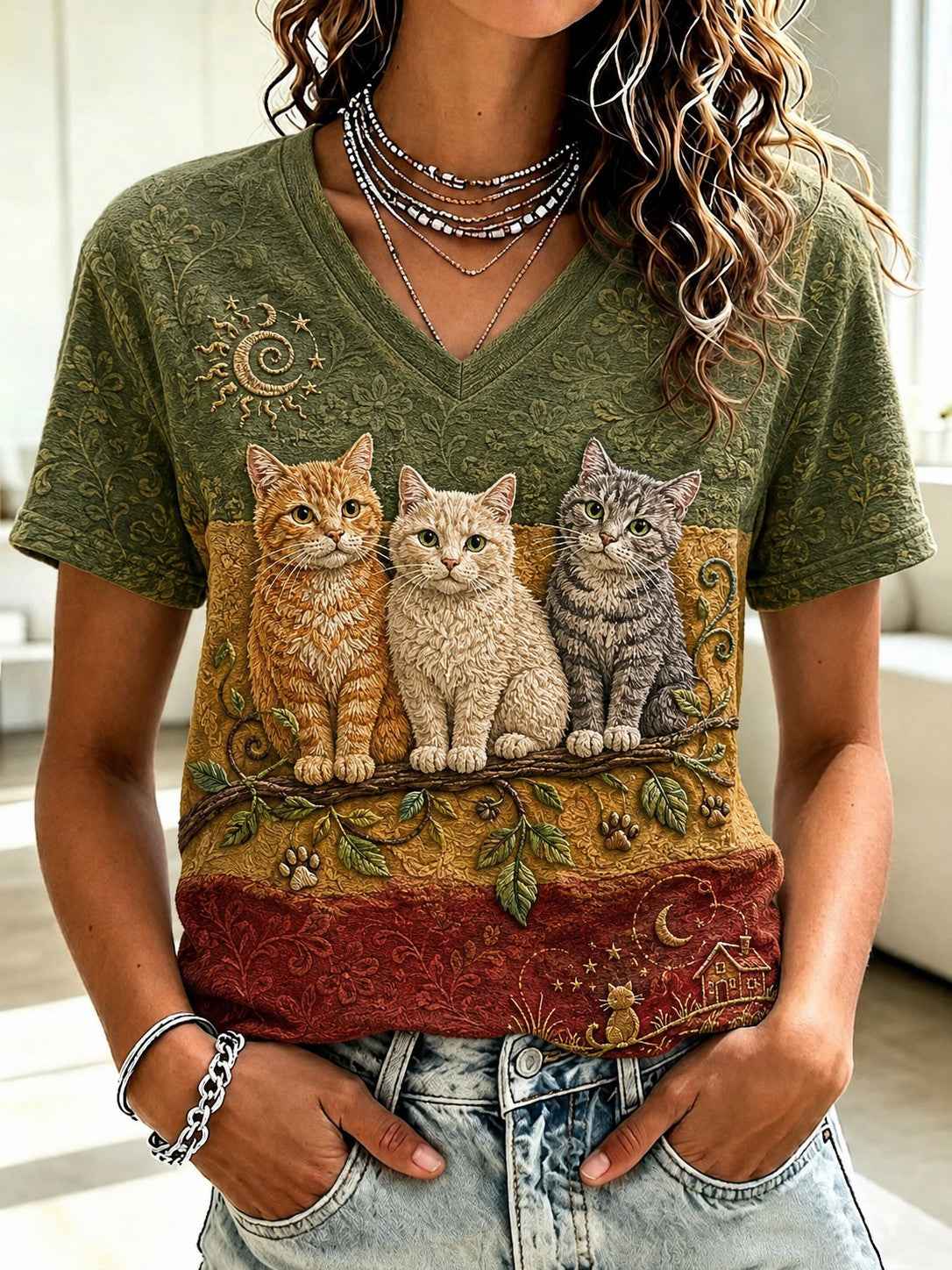 Women's Cat Printed V-neck T-shirt