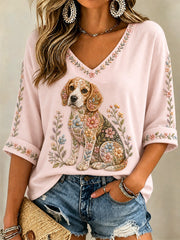 Women's Floral Dog Print Casual V-Neck Tee gracestitchs