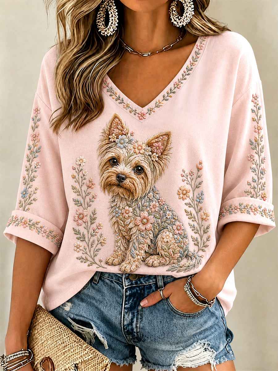 Women's Floral Dog Print Casual V-Neck Tee