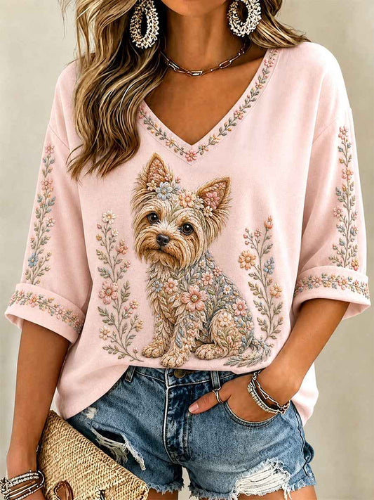 Women's Floral Dog Print Casual V-Neck Tee