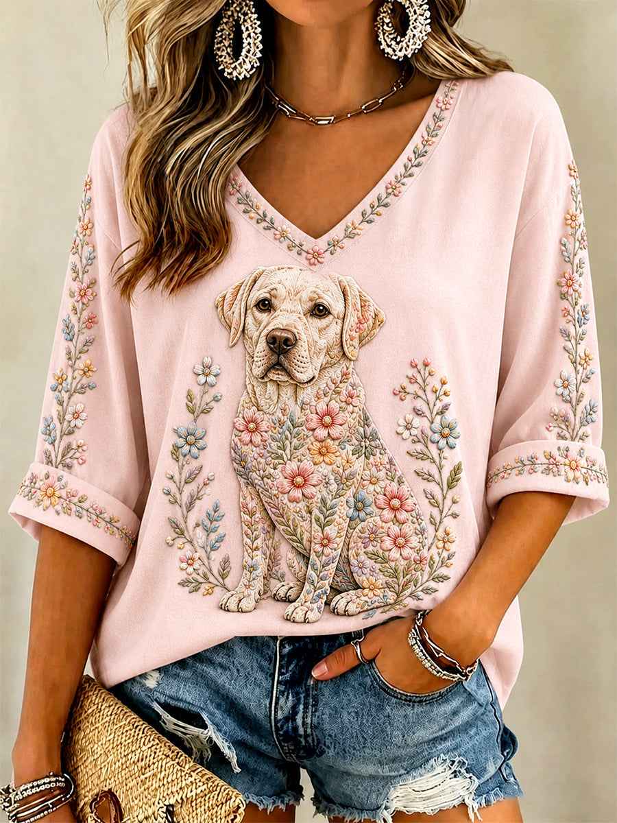 Women's Floral Dog Print Casual V-Neck Tee