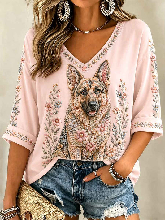 Women's Floral Dog Print Casual V-Neck Tee