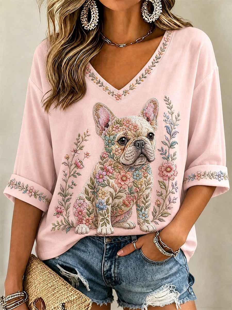 Women's Floral Dog Print Casual V-Neck Tee