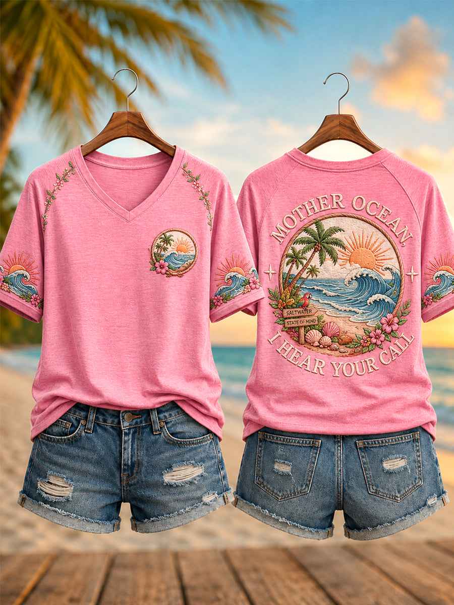Women's Mother Ocean I Have Heard You Call Print Casual V-Neck Short Sleeve Tee