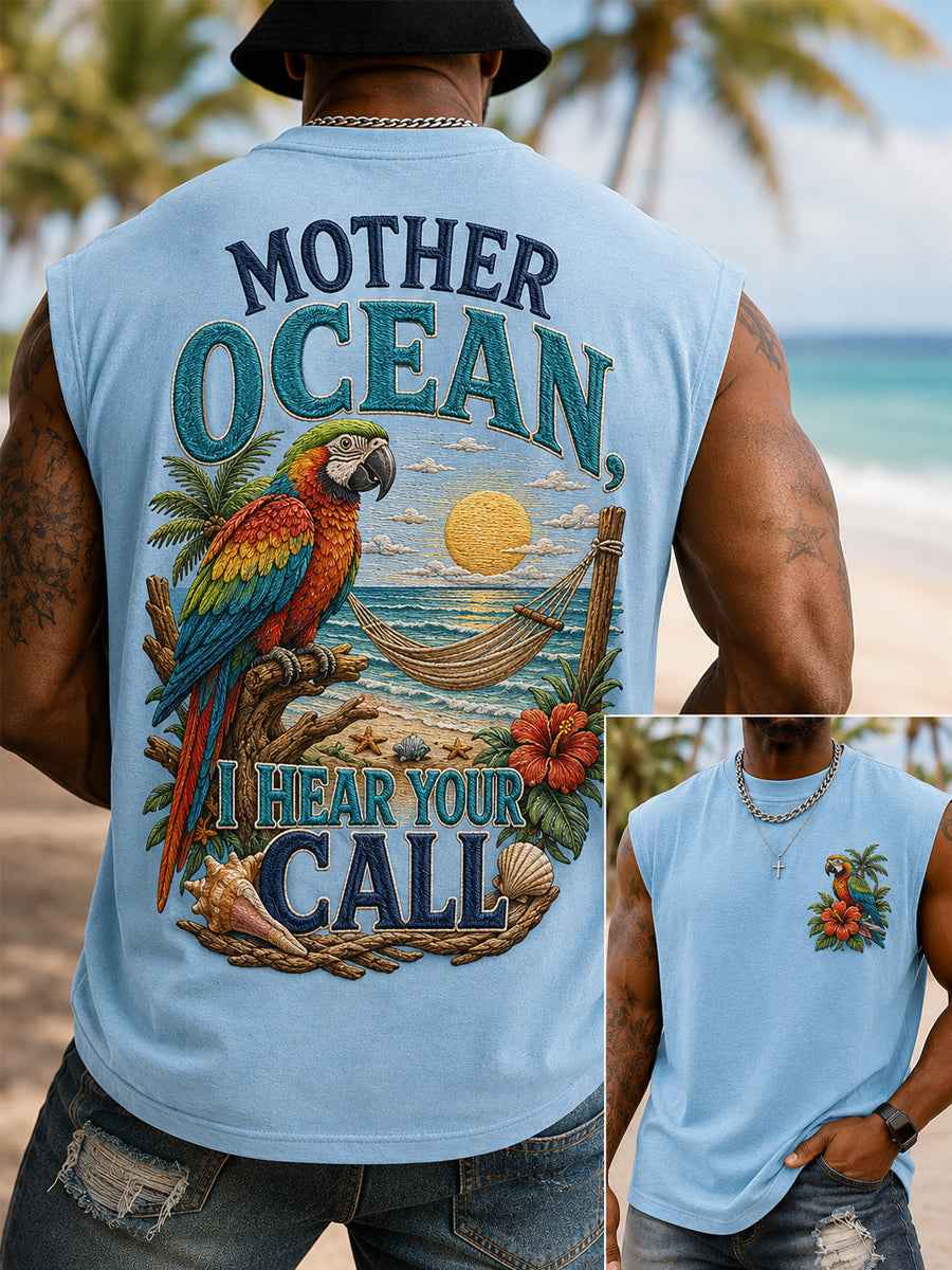 Men's Mother Ocean I Have Heard You Call Parrot Print Casual Tank Top